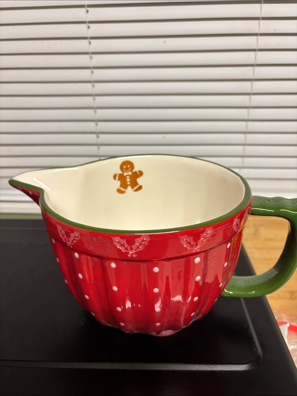 Dutch Wax Festive Red Ceramic Holiday Mixing Bowl with Green Handle